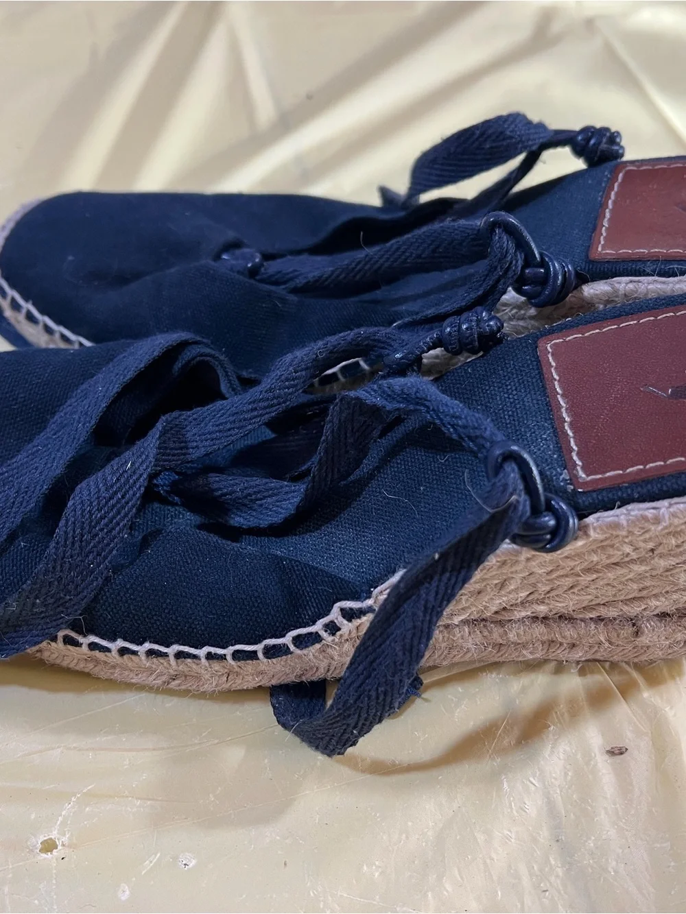 Polo by Ralph Lauren Navy Canvas Espadrille Sandals with Brown Leather Inset A2